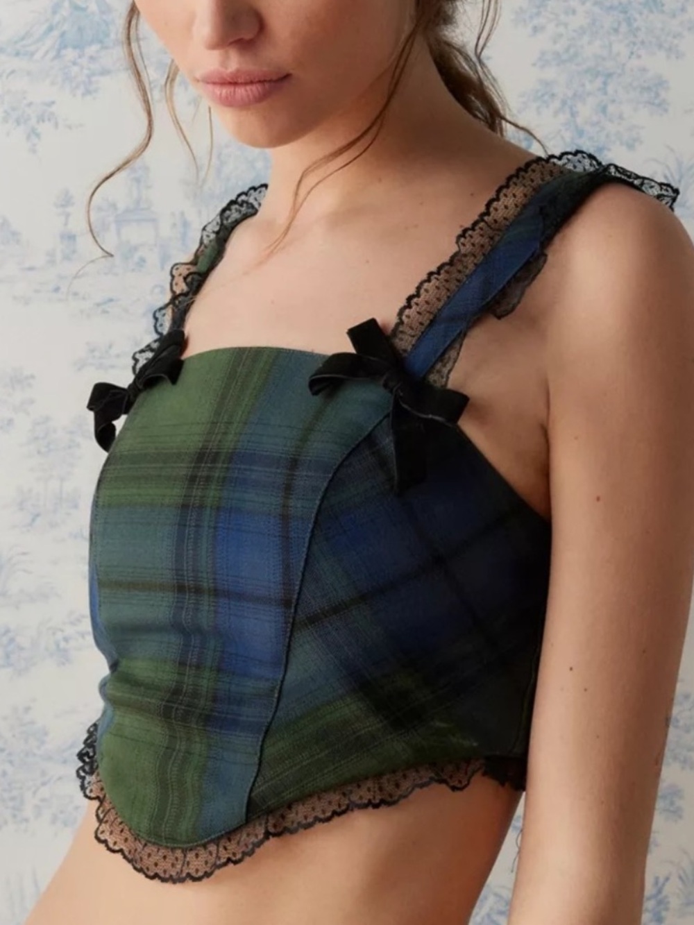 Kimchi Blue Navy and Green Plaid Lace-Trim Cropped Bustier top